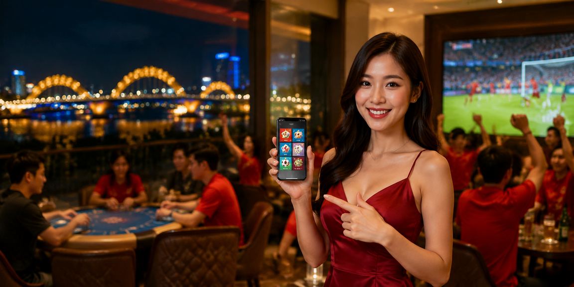 Người chơi thư giãn bên bàn bài tại Đà Nẵng, thể hiện trải nghiệm card game trực tuyến thoải mái và hiện đại