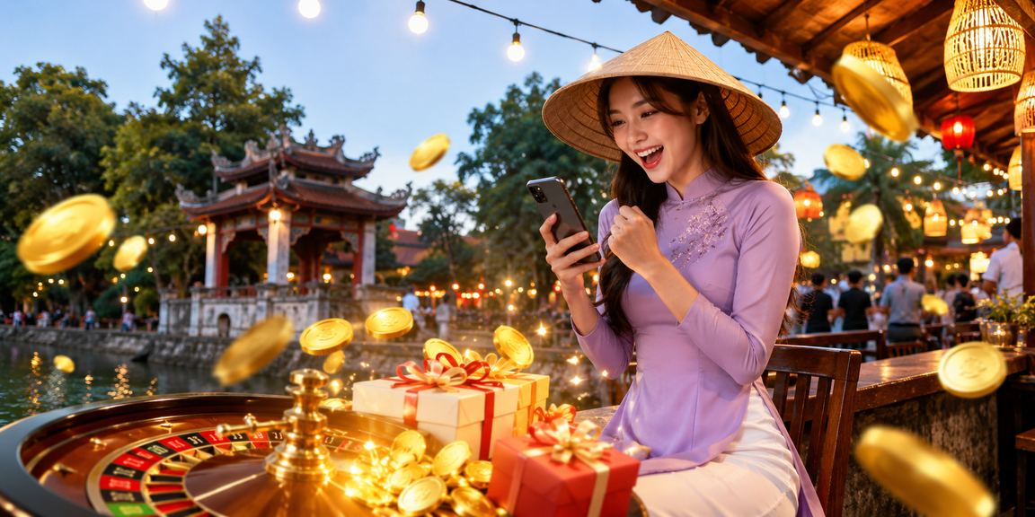 Bàn Roulette tại Hà Nội với hình ảnh nón lá đặc trưng văn hóa Việt Nam trong không gian casino hiện đại